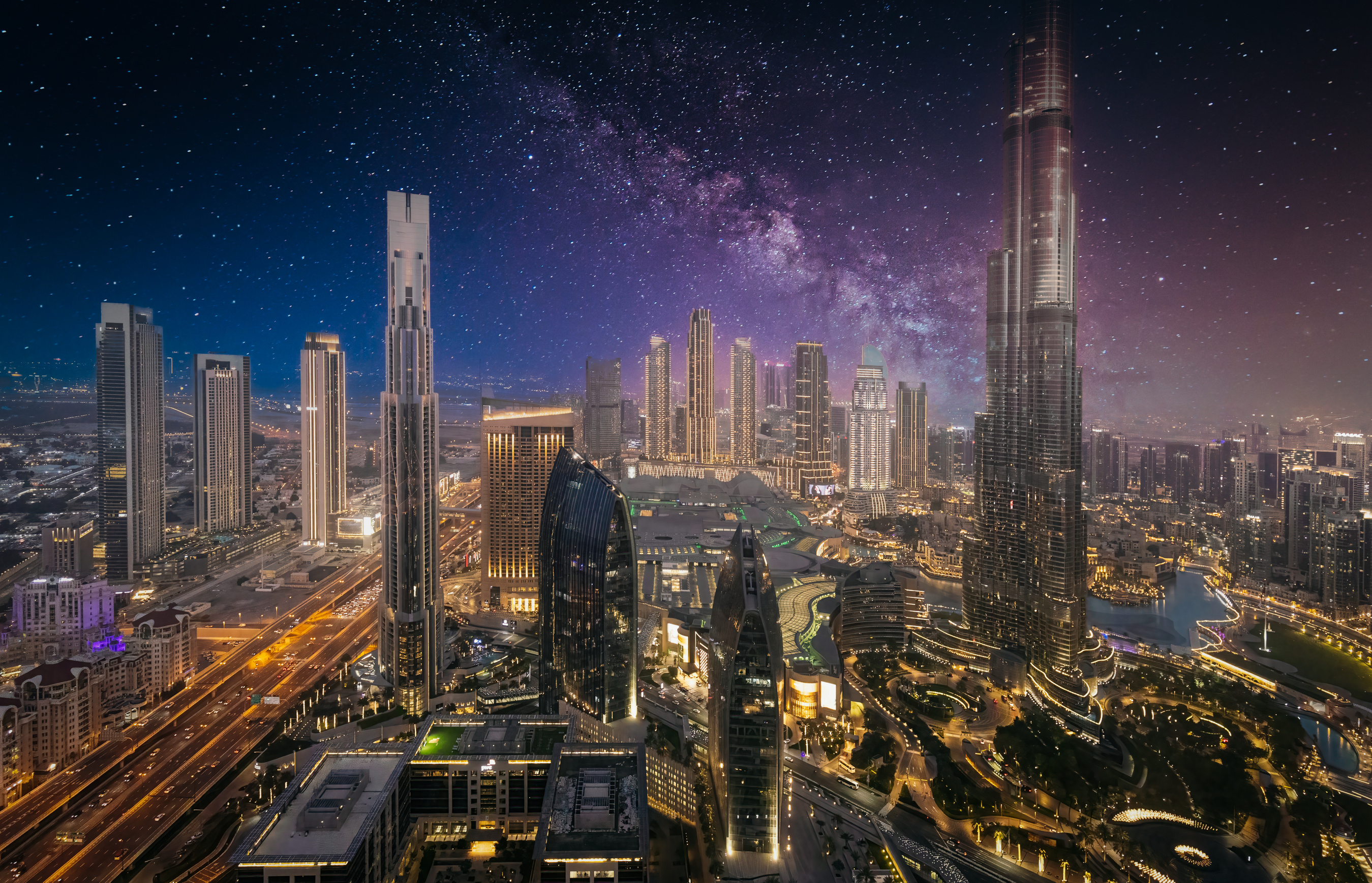 UAE, Dubai panoramic skyline view of city downtown and Dubai Mall